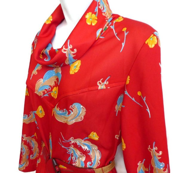 Vintage 60s 70s Sears Shirt Western Dress Cowl Neck Pleated Peak Yoke Belt M L - Picture 5 of 10